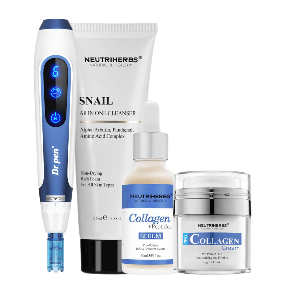 Anti-age komplet z Dr. Pen A11, čistilcem Neutriherbs Snail Cleanser, serumom Collagen + Peptides in kremo Pro Collagen.