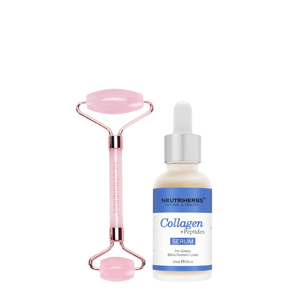 Komplet za učvrstitev z masažnim valjčkom za obraz z valjčkom iz roževca in serumom Collagen + Peptides