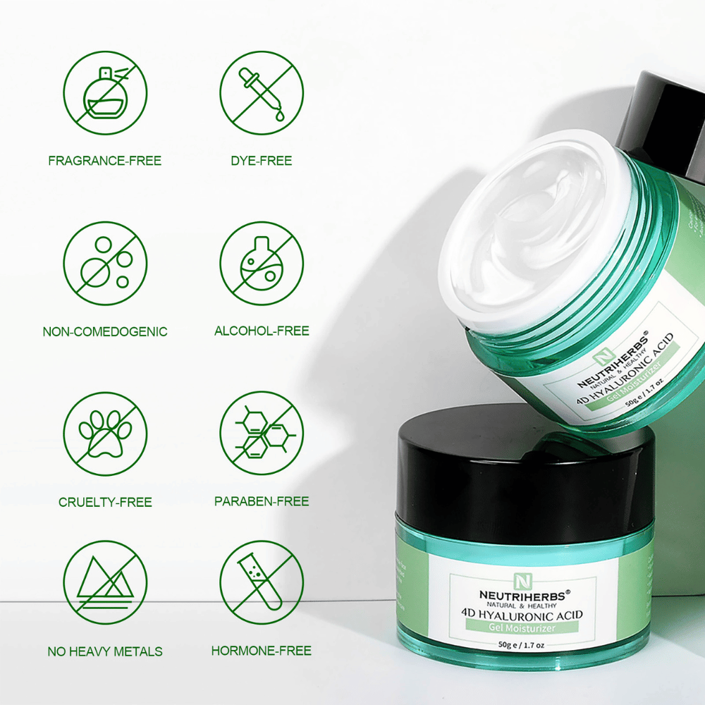 Neutriherbs 4D Hyaluronic Acid Gel Moisturizer 50 g z ilustracijo lastnosti izdelka. Gel krema je brez dišav, brez alkohola, brez barvil, nekomedogena, brez parabenov in cruelty-free ter brez težkih kovin in hormonov, zaradi česar je nežna do vseh tipov kože, tudi občutljive kože.