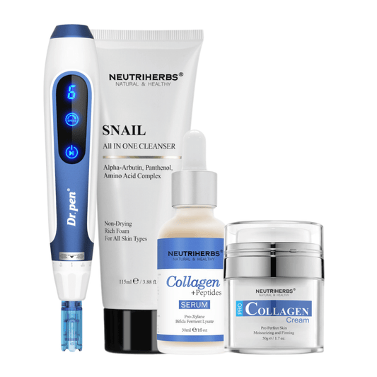 Anti-age komplet z Dr. Pen A11, čistilcem Neutriherbs Snail Cleanser, serumom Collagen + Peptides in kremo Pro Collagen.