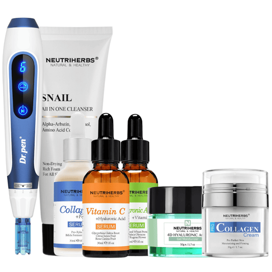 Kompletni komplet za obnovo kože z Dr. Pen A11, čistilom Neutriherbs Snail Cleanser, tremi serumi, vlažilnim gelom 4D Hyaluronic Acid Gel Moisturizer in kremo Pro Collagen Cream.