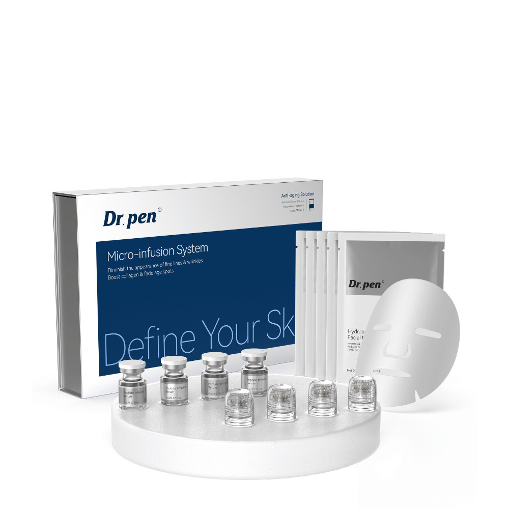 Dr. Pen MIS20 Micro-Infusion System, popoln komplet za nego kože s peptidnim infuzijskim serumom, aplikatorji za mikroinfuzijo in vlažilnimi maskami za obraz za nego drobnih linij, neenakomernega tena kože in pustega videza kože.
