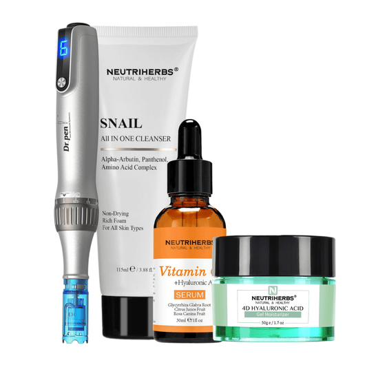 Komplet Glow & Brightening z Dr. Pen M8S, Neutriherbs Snail Cleanser, serumom z vitaminom C in vlažilnim gelom s 4D hialuronsko kislino.