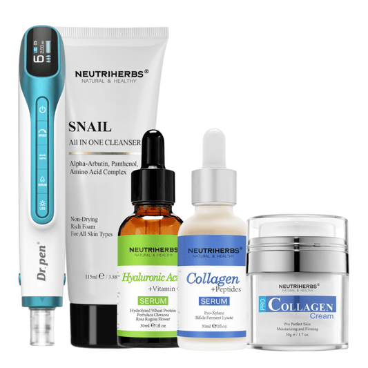 Premium Anti-Aging komplet z Dr. Pen H6, čistilom, serumom s hialuronsko kislino, kolagenskim serumom in kolagensko kremo.