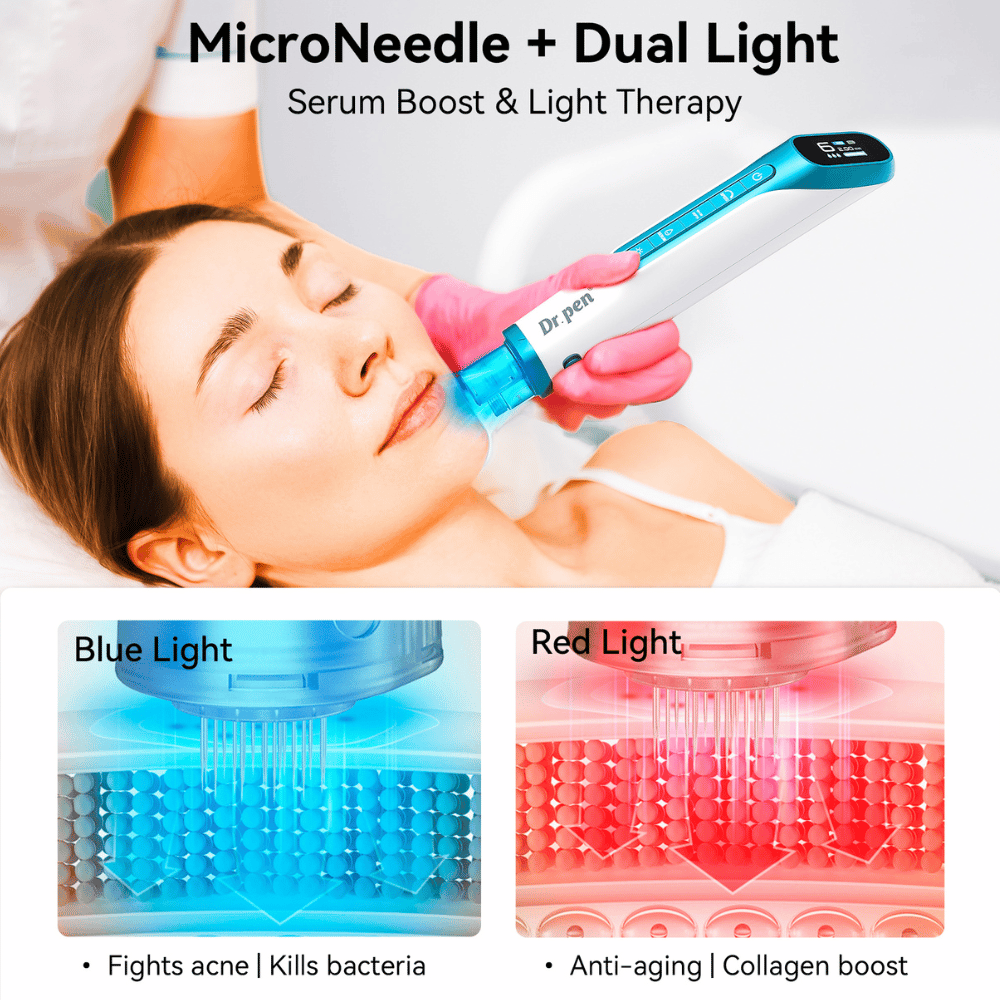 Dr. Pen H6 microneedling pero z rdečo in modro LED-svetlobo za nego kože.