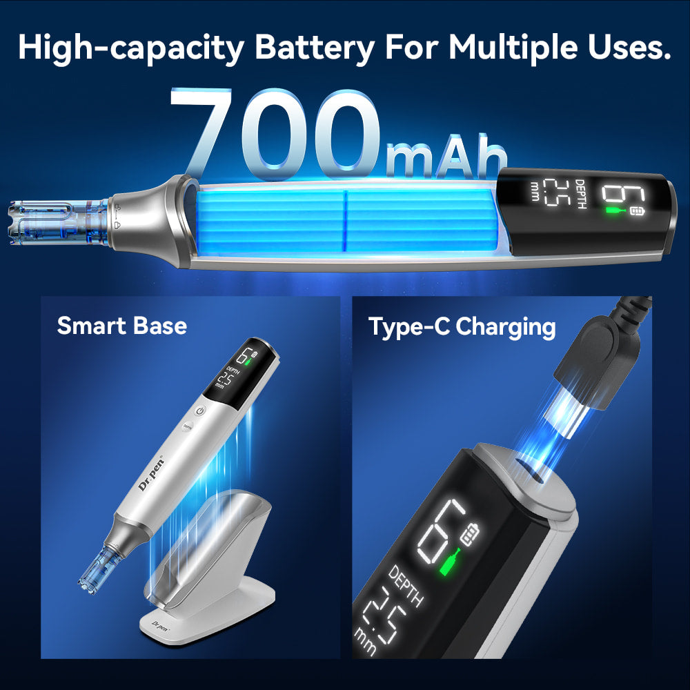 Dr. Pen M9 z zmogljivo 700mAh baterijo, USB-C polnjenjem in pametnim polnilnim stojalom za brezžični microneedling in dolgo avtonomijo uporabe.