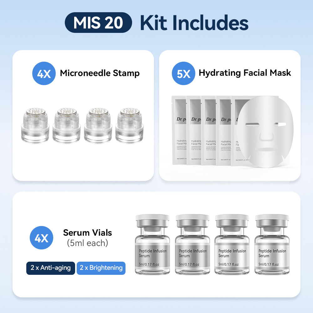Dr. Pen MIS20 Micro-Infusion Kit s štirimi microneedle stampi, petimi vlažilnimi maskami za obraz in štirimi 5 ml stekleničkami seruma – dvema anti-age serumoma in dvema serumoma za bolj enakomeren in bolj sijoč videz kože.