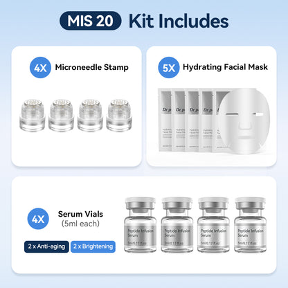 Dr. Pen MIS20 Micro-Infusion Kit s štirimi microneedle stampi, petimi vlažilnimi maskami za obraz in štirimi 5 ml stekleničkami seruma – dvema anti-age serumoma in dvema serumoma za bolj enakomeren in bolj sijoč videz kože.