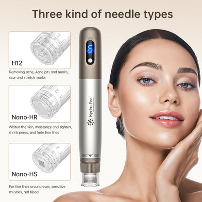 HydraPen H3 med tre olika nåltyper – H12 för ärr och acne, Nano-HR för hudförnyelse och porförminskning samt Nano-HS för känsliga områden runt ögonen.