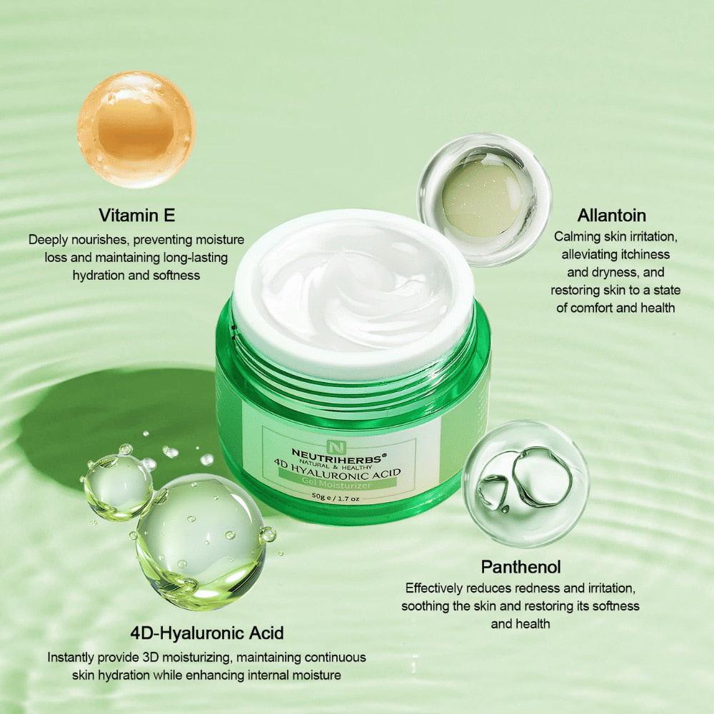 Neutriherbs 4D Hyaluronic Acid Gel Moisturizer 50 g z ilustracijo aktivnih sestavin. Krema vsebuje 4D hialuronsko kislino za dolgotrajno vlaženje ter vitamin E, pantenol in alantoin, ki pomagajo vlažiti, pomiriti kožo in okrepiti zaščitno bariero kože.