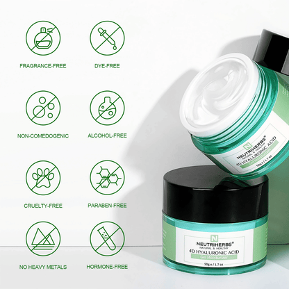 Neutriherbs 4D Hyaluronic Acid Gel Moisturizer 50 g z ilustracijo lastnosti izdelka. Gel krema je brez dišav, brez alkohola, brez barvil, nekomedogena, brez parabenov in cruelty-free ter brez težkih kovin in hormonov, zaradi česar je nežna do vseh tipov kože, tudi občutljive kože.
