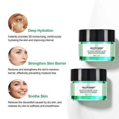 Neutriherbs 4D Hyaluronic Acid Gel Moisturizer 50 g z ilustracijo glavnih prednosti izdelka. Gel krema zagotavlja intenzivno vlaženje, pomaga krepiti zaščitno bariero kože in pomirja suho ter občutljivo kožo za mehkejši in bolj prožen občutek kože.