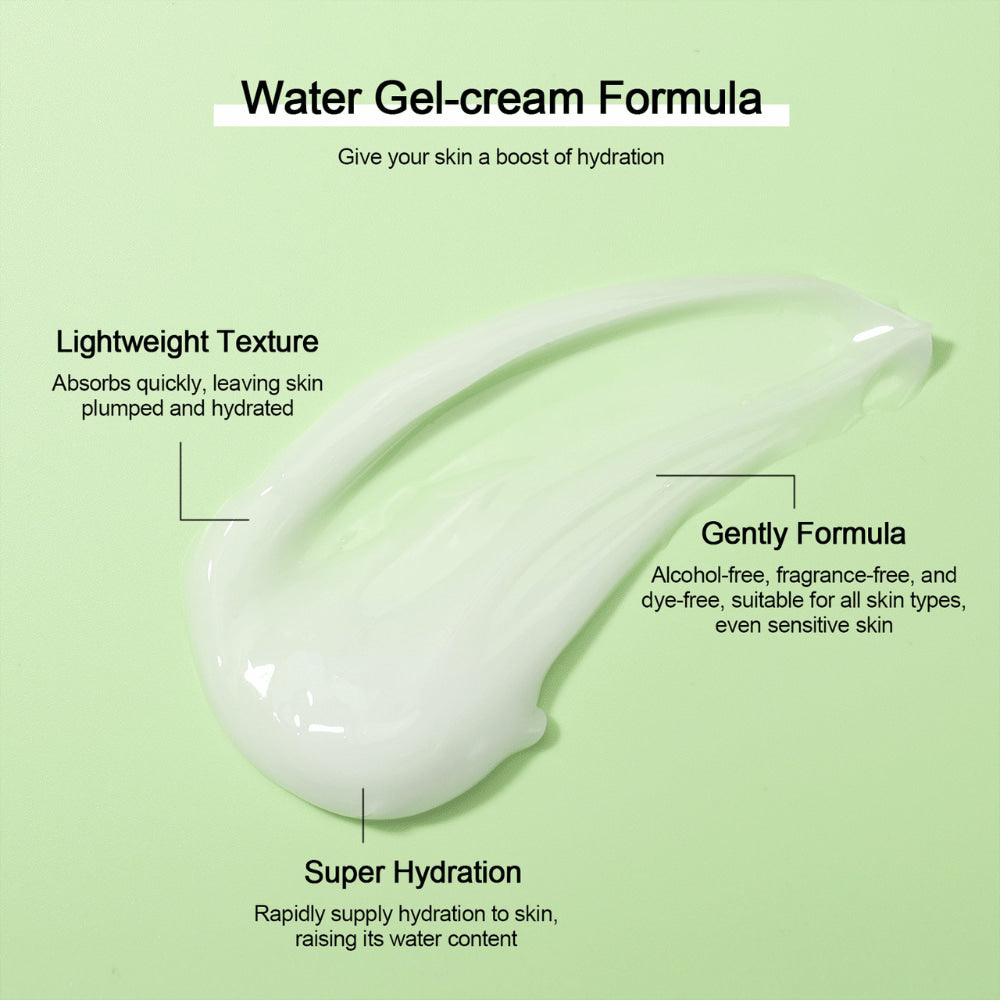 Ilustracija lahke gel teksture izdelka Neutriherbs 4D Hyaluronic Acid Gel Moisturizer. Gel krema na vodni osnovi se hitro vpije, zagotavlja intenzivno vlaženje in pusti kožo mehko, napeto in svežo. Formula je nežna in primerna za vse tipe kože, tudi za občutljivo kožo.