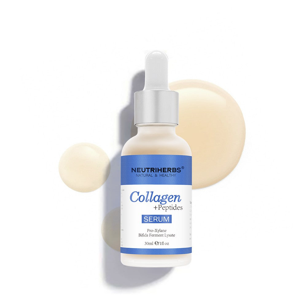 Neutriherbs Collagen + Peptides Serum 30 ml na belem ozadju z dekorativnimi kolagenskimi mehurčki. Vlažilni in učvrstitveni serum za obraz, ki pomaga izboljšati elastičnost kože in zmanjšati vidne drobne linije.