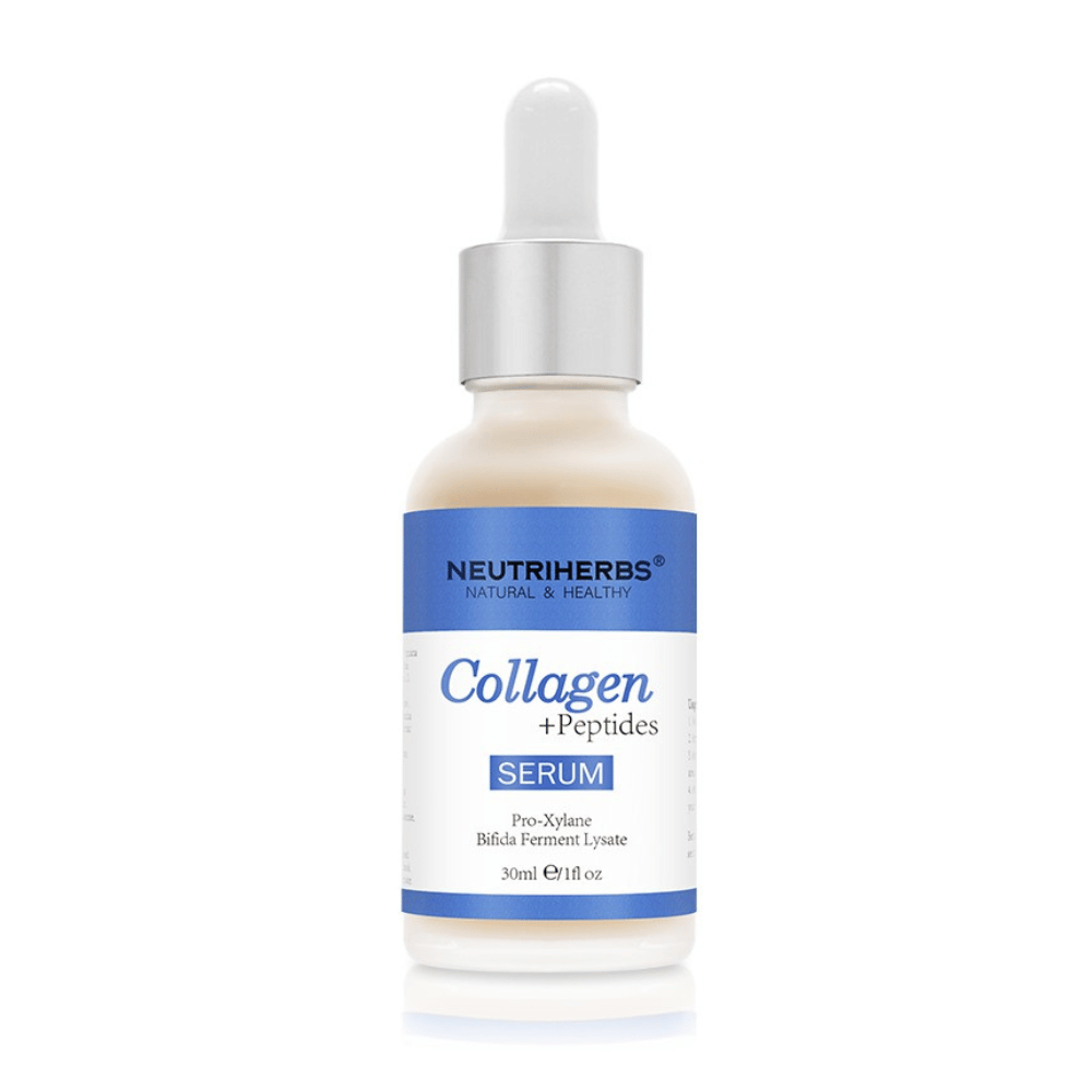 Neutriherbs Collagen + Peptides Serum 30 ml s kolagenom in peptidi. Učvrstitveni serum za obraz, ki izboljša elastičnost kože, globinsko vlaži in pomaga zmanjšati drobne linije ter znake staranja.