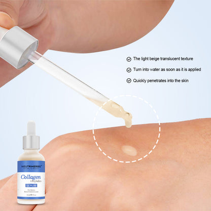 Bližnji posnetek Neutriherbs Collagen + Peptides Serum 30 ml, ki se s pipeto nanaša na kožo. Slika prikazuje lahko, hitro vpojno konsistenco seruma, ki vlaži kožo, ne da bi pustil lepljiv občutek.