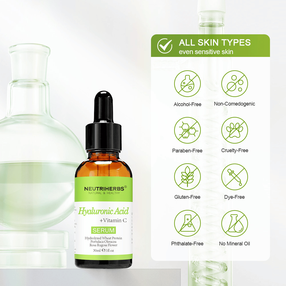 Neutriherbs Hyaluronic Acid + Vitamin C Serum 30 ml za vse tipe kože, tudi občutljivo kožo. Vlažilni serum za obraz brez alkohola, parabenov, mineralnega olja ali barvil, ki krepi kožno bariero in koži daje sijaj.