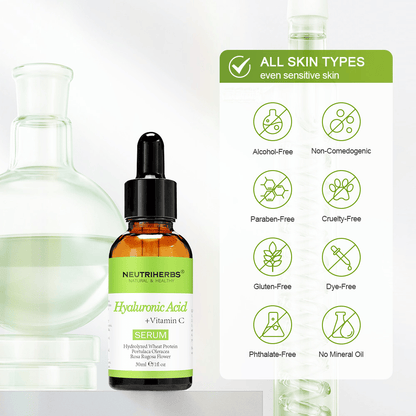 Neutriherbs Hyaluronic Acid + Vitamin C Serum 30 ml za vse tipe kože, tudi občutljivo kožo. Vlažilni serum za obraz brez alkohola, parabenov, mineralnega olja ali barvil, ki krepi kožno bariero in koži daje sijaj.