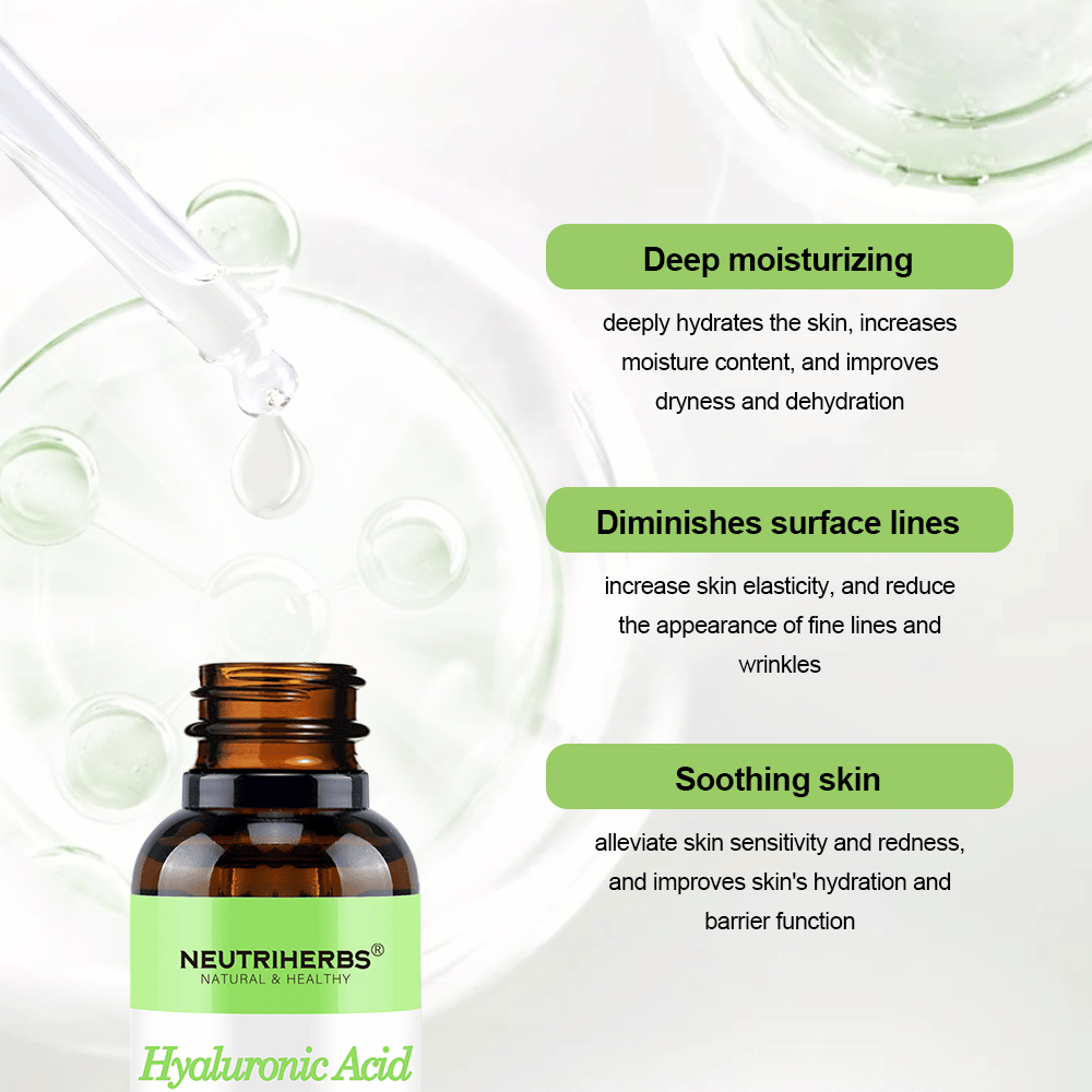 Neutriherbs Hyaluronic Acid + Vitamin C Serum 30 ml. Vlažilni serum za obraz s hialuronsko kislino in vitaminom C, ki zagotavlja intenzivno vlaženje, pomirja občutljivo kožo, krepi kožno bariero in pomaga zmanjšati drobne linije in gube.