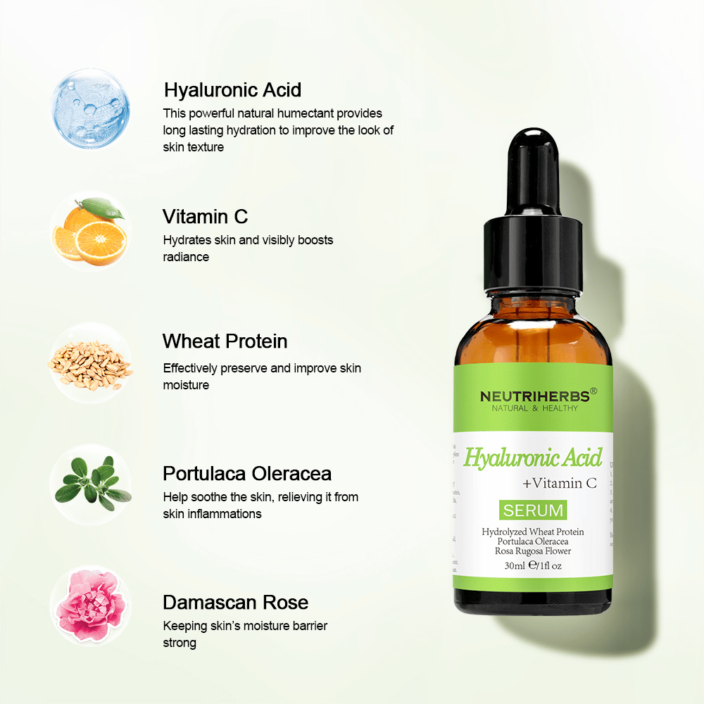 Neutriherbs Hyaluronic Acid + Vitamin C Serum 30 ml s hialuronsko kislino, vitaminom C, hidroliziranimi pšeničnimi beljakovinami, Portulaca Oleracea in damaščansko vrtnico. Vlažilni serum za obraz, ki krepi kožno bariero, pomirja kožo in daje večji sijaj.