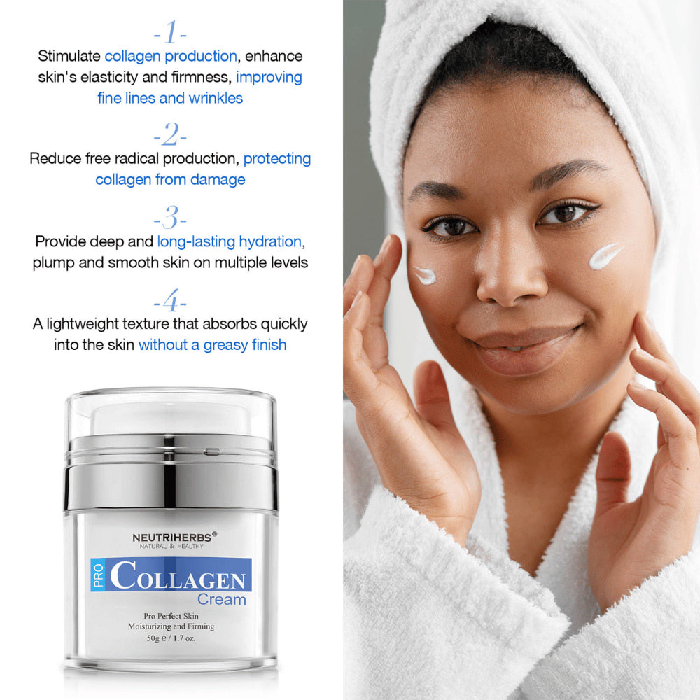 Neutriherbs Pro Collagen Cream 50 g vlažilna krema za obraz s kolagenom. Slika prikazuje kremo, naneseno na kožo, in izpostavlja lastnosti izdelka: spodbuja tvorbo kolagena, prispeva k čvrstejši koži, zagotavlja dolgotrajno vlaženje in se hitro vpije, ne da bi pustila masten občutek.