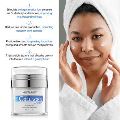 Neutriherbs Pro Collagen Cream 50 g vlažilna krema za obraz s kolagenom. Slika prikazuje kremo, naneseno na kožo, in izpostavlja lastnosti izdelka: spodbuja tvorbo kolagena, prispeva k čvrstejši koži, zagotavlja dolgotrajno vlaženje in se hitro vpije, ne da bi pustila masten občutek.