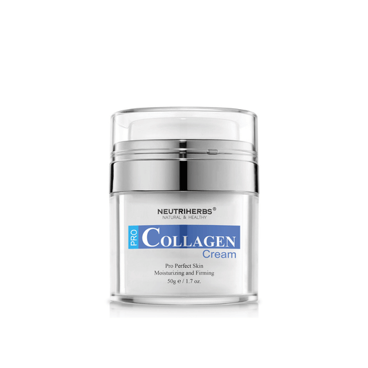Neutriherbs Pro Collagen Cream 50 g v elegantnem lončku. Vlažilna in učvrstitvena krema za obraz, razvita za izboljšanje elastičnosti kože, zagotavljanje dolgotrajne hidracije in prispevanje k čvrstejši koži z mehkim in prožnim občutkom.