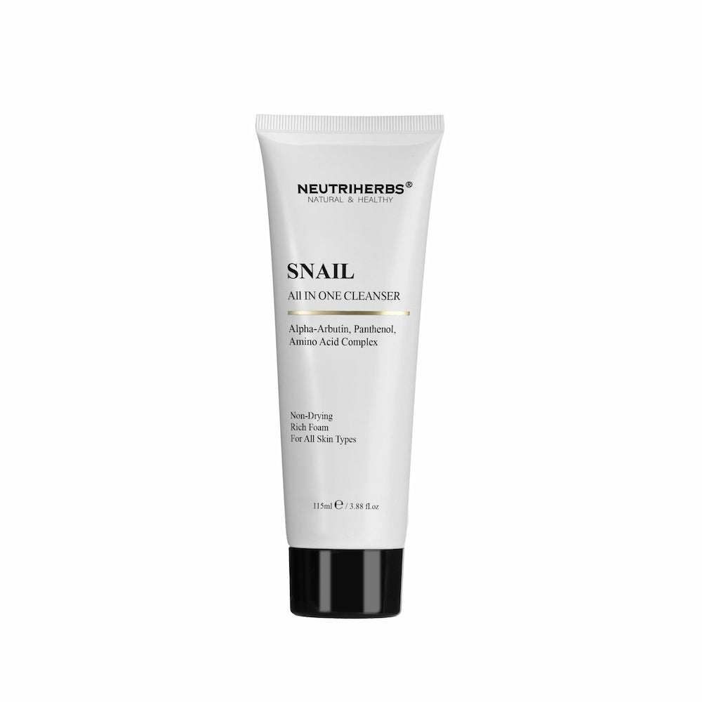 Neutriherbs Snail All In One Cleanser 115 ml – nežno čistilo za obraz s polžjim izvlečkom, alfa-arbutinom in pantenolom za vse tipe kože.