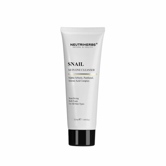 Neutriherbs Snail All In One Cleanser 115 ml – nežno čistilo za obraz s polžjim izvlečkom, alfa-arbutinom in pantenolom za vse tipe kože.