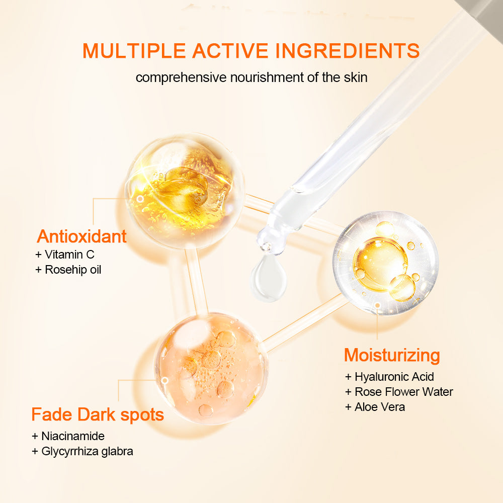 Ilustracija, ki prikazuje aktivne sestavine v Neutriherbs Vitamin C + Hyaluronic Acid Serum. Vitamin C in olje šipka zagotavljata antioksidativno zaščito, hialuronska kislina, rožna voda in aloe vera vlažijo kožo, medtem ko niacinamid in korenina sladkega korena prispevata k zmanjšanju pigmentnih madežev in bolj enakomernemu tenu kože.