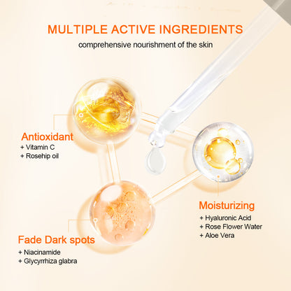 Ilustracija, ki prikazuje aktivne sestavine v Neutriherbs Vitamin C + Hyaluronic Acid Serum. Vitamin C in olje šipka zagotavljata antioksidativno zaščito, hialuronska kislina, rožna voda in aloe vera vlažijo kožo, medtem ko niacinamid in korenina sladkega korena prispevata k zmanjšanju pigmentnih madežev in bolj enakomernemu tenu kože.