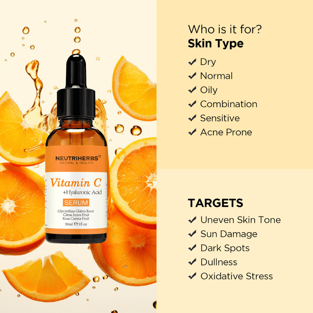Neutriherbs Vitamin C + Hyaluronic Acid Serum 30 ml s pomarančami. Ilustracija prikazuje, da je serum primeren za vse tipe kože, vključno z občutljivo in k aknam nagnjeno kožo, ter je razvit za neenakomeren ten kože, pigmentne madeže, poškodbe zaradi sonca, pust videz in oksidativni stres.