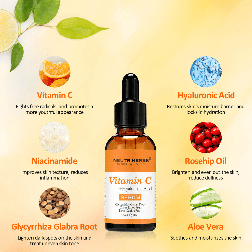 Ilustracija ključnih sestavin v Neutriherbs Vitamin C + Hyaluronic Acid Serum 30 ml. Prikazuje vitamin C, hialuronsko kislino, niacinamid, olje šipka, korenino sladkega korena in aloe vero – sestavine, ki vlažijo kožo, povečajo sijaj, izenačujejo ten kože in krepijo kožno bariero.
